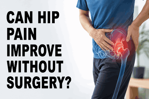 Man experiencing severe hip pain with text “Can hip pain improve without surgery”