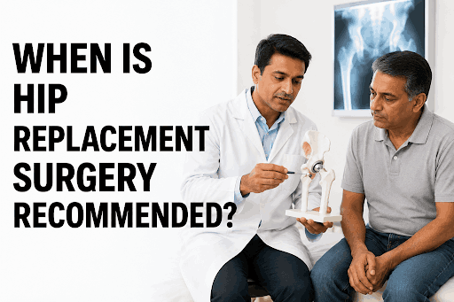 Orthopedic doctor explaining hip replacement surgery to patient using hip joint model