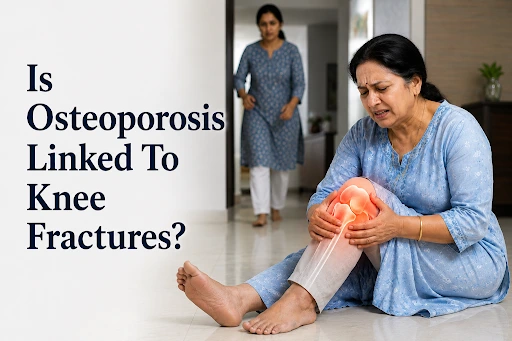 Woman with osteoporosis-related knee pain after injury, showing possible knee fracture symptoms