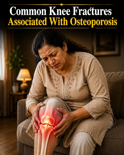 Woman experiencing knee pain from a possible osteoporotic knee fracture while sitting at home