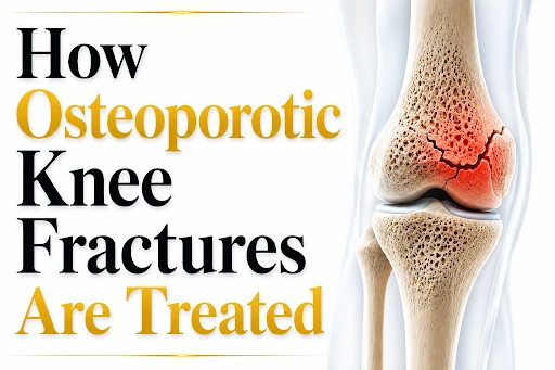 Medical illustration showing treatment of osteoporotic knee fractures with visible bone crack and knee joint damage