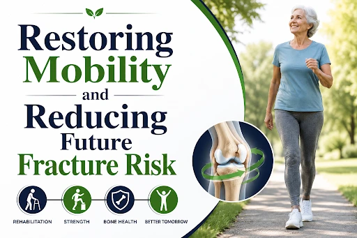 Elderly woman walking outdoors after knee fracture rehabilitation to improve mobility and reduce future fracture risk