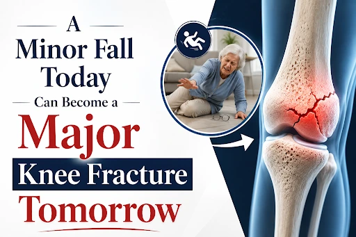 Illustration of an osteoporotic knee fracture showing how a minor fall can cause a serious knee injury in older adults