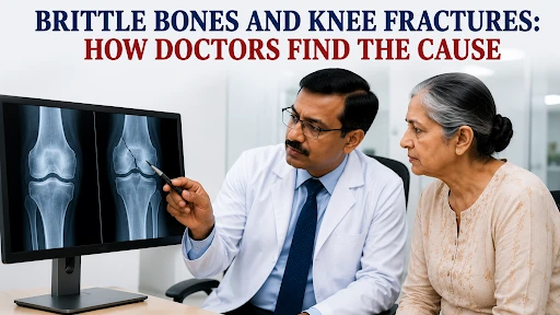 Doctor explaining knee X-ray results to an elderly patient with suspected osteoporosis-related knee fracture