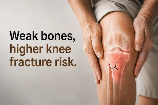 Close-up of painful knee fracture risk caused by weak bones and osteoporosis in older adults