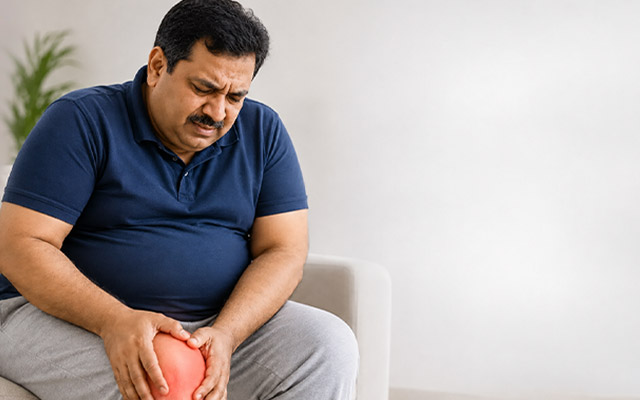 Middle-aged man experiencing knee pain seeking treatment from an orthopaedic specialist for knee joint problems