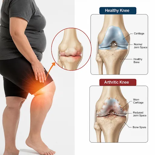 Healthy knee and arthritic knee comparison showing cartilage damage, reduced joint space and knee osteoarthritis changes
