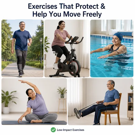 Low-impact exercises for knee health including walking, cycling, swimming and physiotherapy exercises for joint mobility