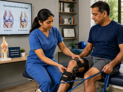 Physiotherapist assisting patient with knee brace during osteoarthritis rehabilitation exercise