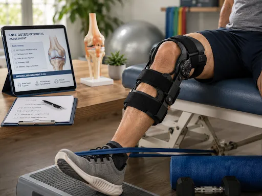 Patient wearing knee brace performing resistance band exercise during knee osteoarthritis rehabilitation