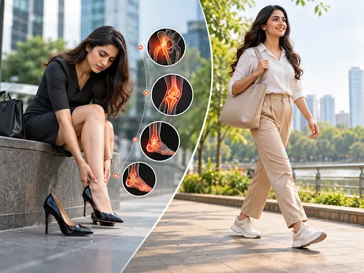 Indian woman experiencing ankle and knee discomfort while wearing high heels, compared with comfortable walking shoes for better joint support.